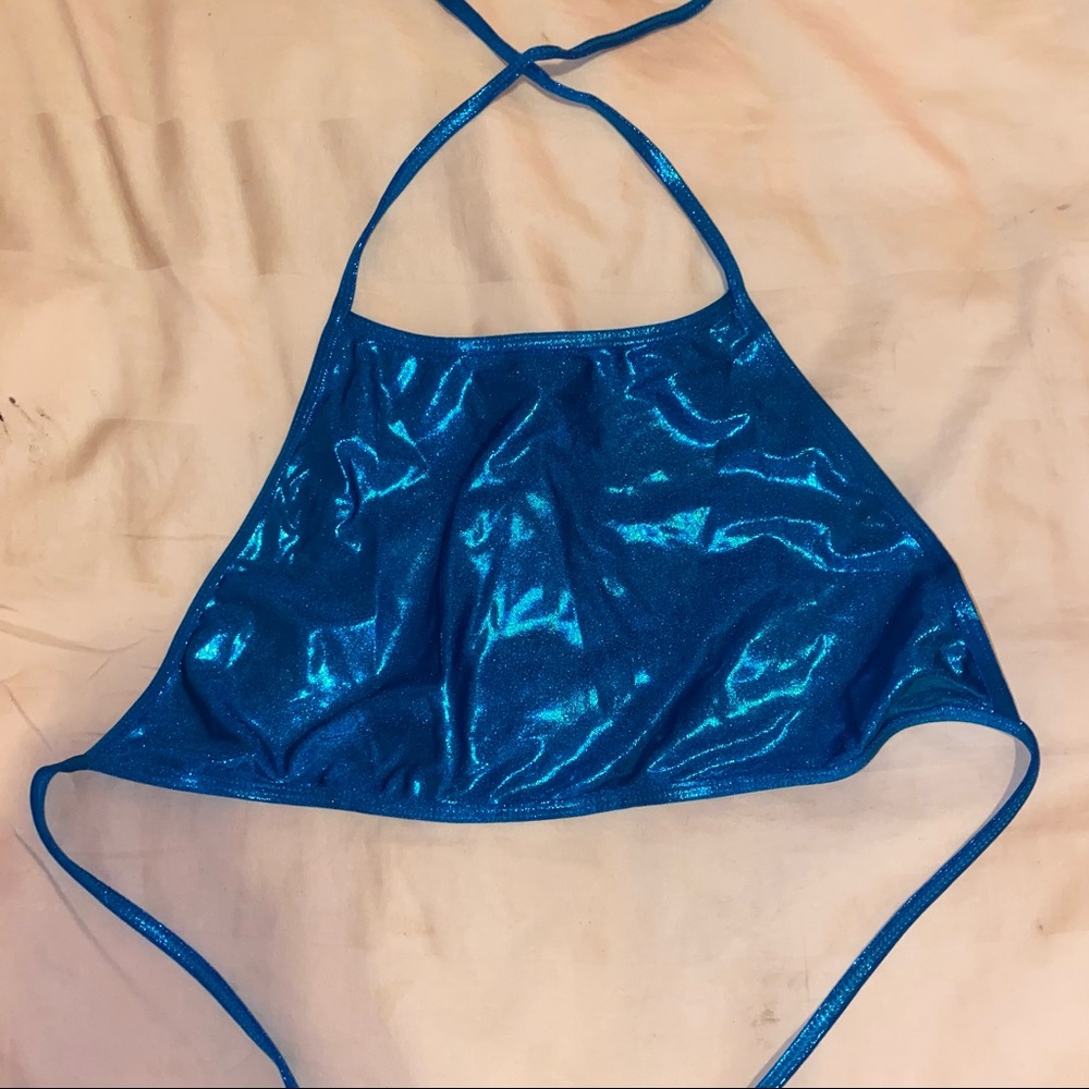 Blue metallic halter crop top